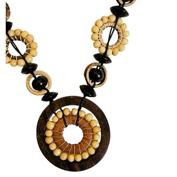 African Design Wood, Beads on Cord in Black and Brown Boho Necklace - Picture 2 of 3